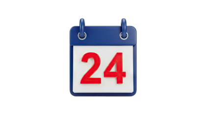 3D Rendering of a Blue and White Desk Calendar Showing the Number 24 on a Transparent Background with Red Digits and Metal Rings Representing the Day of the Month