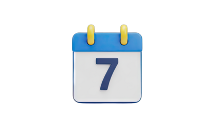 3D Rendering of a Blue and White Calendar Icon Showing the Number 7 on a Transparent Background with Gold Fasteners Representing a Date or Schedule