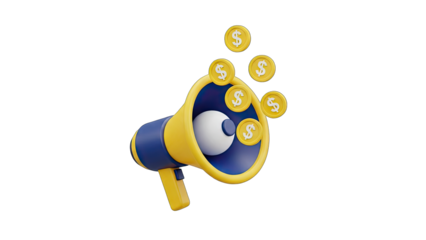 3D Rendering of a Blue and Yellow Megaphone Emitting Golden Dollar Coins Against a Transparent Background