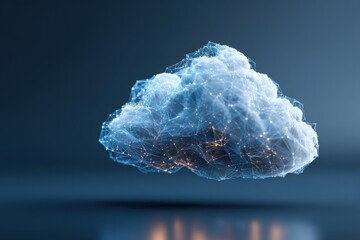 Digital cloud computing network showcases data visualization using interconnected nodes representing information processing and storage environments in a dynamic digital setting