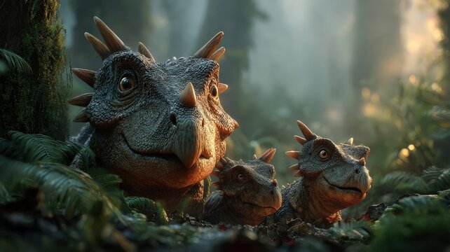 family of protoceratops emerging from a burrow at sunrise, dew on leaves, primeval jungle, warm cinematic light