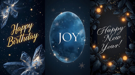 Festive celestial greeting cards for birthday, joy, and new year celebrations