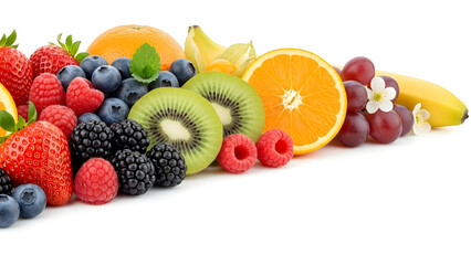 Assorted Fresh Fruits Including Berries, Citrus, and Tropical Fruits on White Background for Healthy Eating Concepts