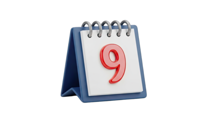 3D Rendering of a Blue Desk Calendar with a Red Number 9 on a White Page Isolated on a Transparent Background