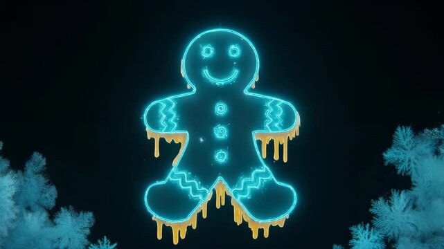 Glowing cyan gingerbread man with snowflakes on a dark background