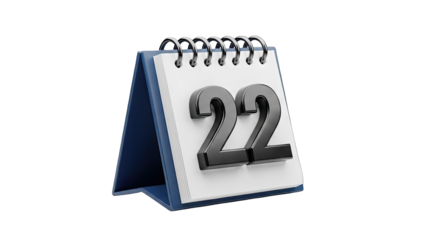 A 3D Rendered Desktop Calendar Displaying The Number Twenty Two With A Spiral Binding And Dark Blue Base On A Transparent Background