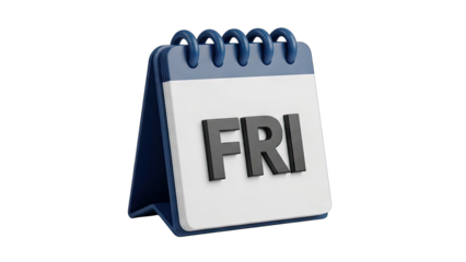 3D Rendering of a Desk Calendar Showing Friday with Dark Blue Binding and White Pages Isolated on Transparent Background