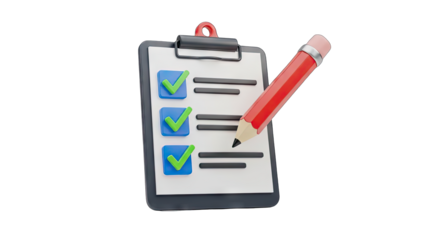 3D Rendering of a Clipboard with a Checklist and a Red Pencil Against a Transparent Background Indicating Completion and Accuracy