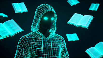 Digital knowledge acquisition concept featuring a glowing wireframe hacker figure surrounded by floating illuminated books representing data learning and virtual information streams in a dark cyberspa