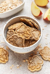 Homemade apple oat dog treats in speckled bowl