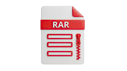 A 3D Rendered Icon Representing a Compressed RAR File With a Zipper Detail and Red Accents on a Transparent Background for Digital Storage and Archiving Concepts