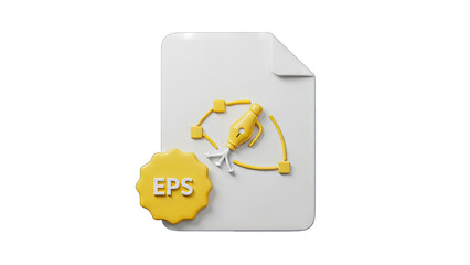 3D Rendering of a Digital Document Icon Featuring an EPS File Format Emblem and a Stylized Pen Tool Cursor on a Transparent Background