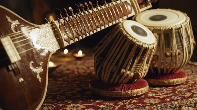 Sitar and Tabla Drums Traditional Indian Music Instruments Ceremony