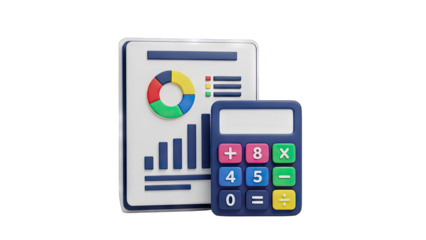 3D Rendering of a Financial Report With Bar Chart Pie Chart and Calculator On Transparent Background