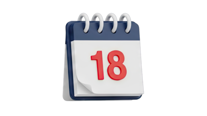 3D Rendering of a Flip Calendar Showing the Number 18 on a Transparent Background Perfect for Scheduling and Planning Concepts
