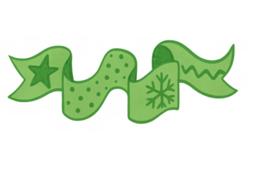 Green festive ribbon banner illustrating christmas, winter, holiday decorations with star and snowflake symbols