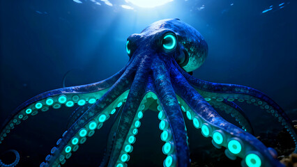 Bioluminescent deep sea octopus creature portrait glowing tentacles underwater marine life dark ocean abyss fantasy animal illustration vibrant blue neon light