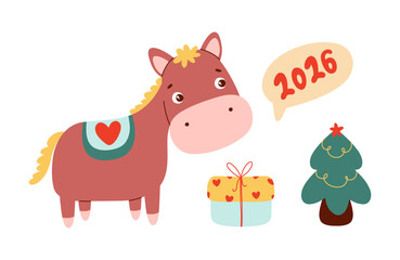 Year of the Horse. Sticker set. Horse, gift, Christmas tree.