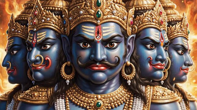 Multi-Headed Hindu Deity Ravana Epic Digital Art Fiery Background