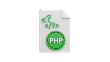 A 3D Rendered PHP File Icon With Code Symbols and a Green PHP Logo on a Transparent Background Ideal for Web Development and Programming Concepts
