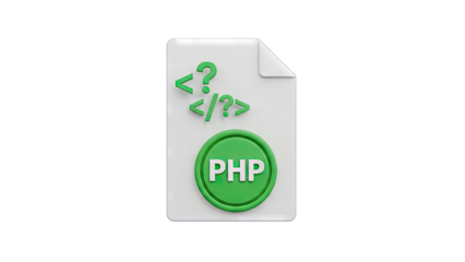A 3D Rendered PHP File Icon With Code Symbols and a Green PHP Logo on a Transparent Background Ideal for Web Development and Programming Concepts