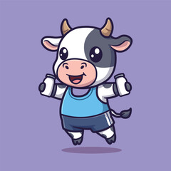 Cute Vector Illustration of a Jumping Cow in Blue Sportswear Holding Milk Bottles on Light Purple Background