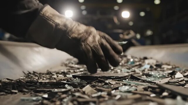 Closeup of a workers hand sorting through various metal scraps on a dark workshop surface