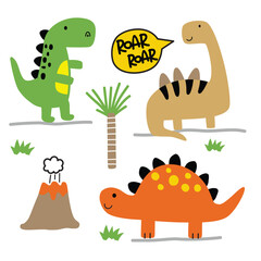 Dinosaur cartoon characters with volcano and trees illustration. Kids dinosaur concept
