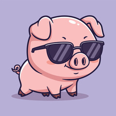 Cute Vector Illustration of a Sunglass-Wearing Pig with Curly Tail and Smile on Light Purple Background