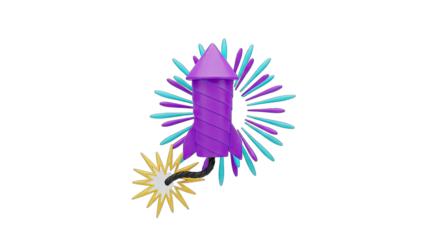 A 3D Rendered Purple Rocket Firework Exploding with Teal and Cyan Burst Against a Black Background Detailed and Stylized Celebration Element