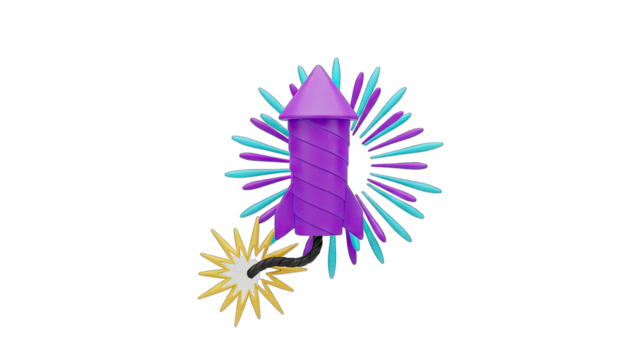 A 3D Rendered Purple Rocket Firework Exploding with Teal and Cyan Burst Against a Black Background Detailed and Stylized Celebration Element - Powered by Adobe
