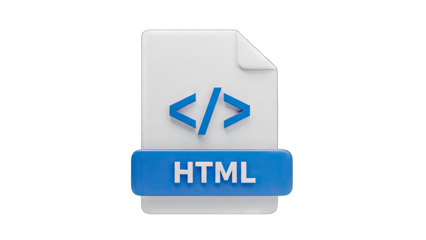 3D Rendering of an HTML File Icon Showing Code Symbol and File Name on a Transparent Background