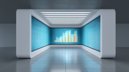 Modern data visualization wall with dynamic bar graph display in contemporary room featuring sleek lines and bright lighting for business presentations