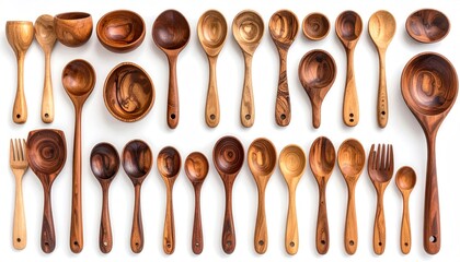 An assortment of handcrafted wooden spoons and bowls displayed at a market, emphasizing natural elegance and rustic craftsmanship