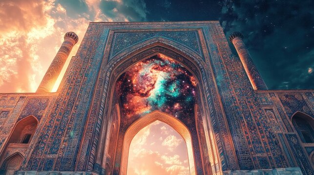 An Uzbek madrassa in Samarkand, its massive arched portal (pishtaq) covered in glazed tiles depicting a swirling nebula instead of traditional patterns