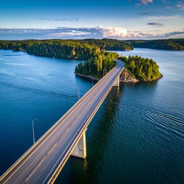 Aerial view of a bridge crossing calm, blue water, connecting forested islands under a sunny sky