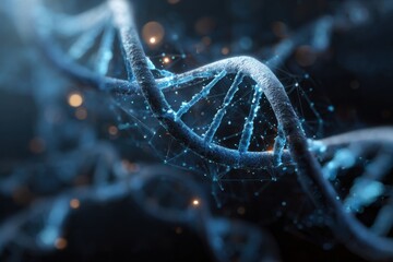Digital representation of a DNA strand showcasing medical icons and data processing in a dark background with blue highlights and connected nodes