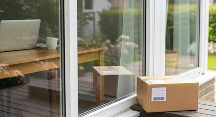 Parcel delivery box placed on a wooden deck outside a modern home, reflecting sunlight through large glass windows, symbolizing convenience and efficient courier services