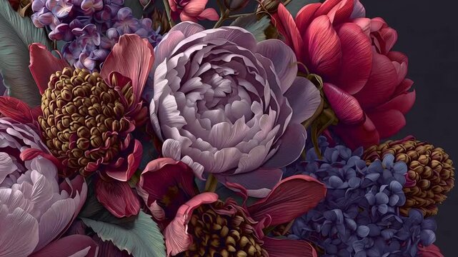 Enchanting close-up floral arrangement with peonies and hydrangeas in rich dark tones