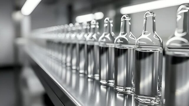 Long line of clear medical ampoules in a sterile laboratory setting
