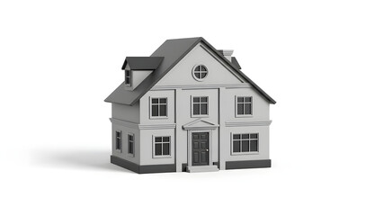 3D rendering of a modern two-story house model with gray exterior and black roof on white background.