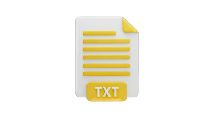 3D rendered icon of a text document file format with TXT label and yellow page corner on transparent background