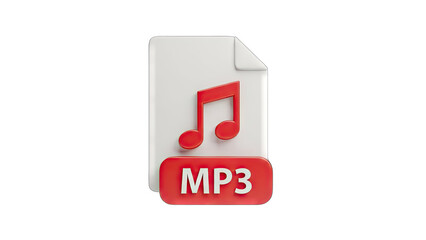 3D Rendered MP3 File Icon with Musical Note and Text Overlay on Transparent Background