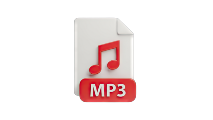3D Rendered MP3 File Icon with Musical Note and Text Overlay on Transparent Background