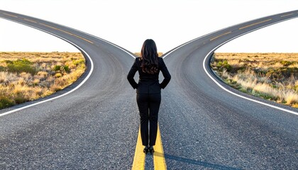 business woman in front of two roads thinking deciding hoping for best taking chance