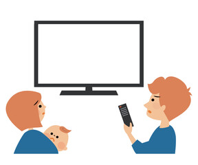 テレビ画面を見て驚く家族　イラスト素材