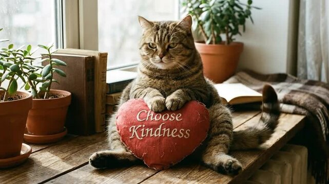 A tabby cat sits by the window holding a red heart shape that says choose kindness.