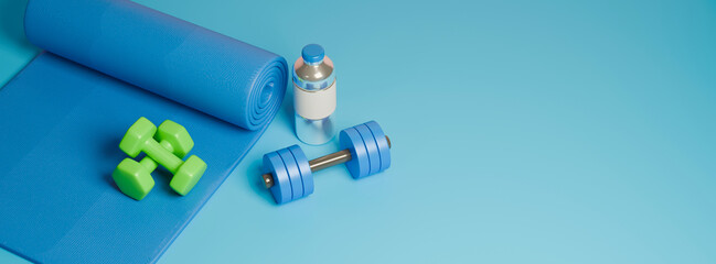 3D rendered workout equipment for training at home on blue background, Top view and copy space