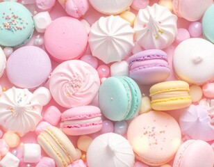 Obraz premium マカロンやマシュマロ、スイーツのゆめかわいい背景。Generated AI