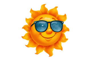 Cheerful cartoon sun wearing blue sunglasses smiling brightly happy, Isolated, Png Transparent Background